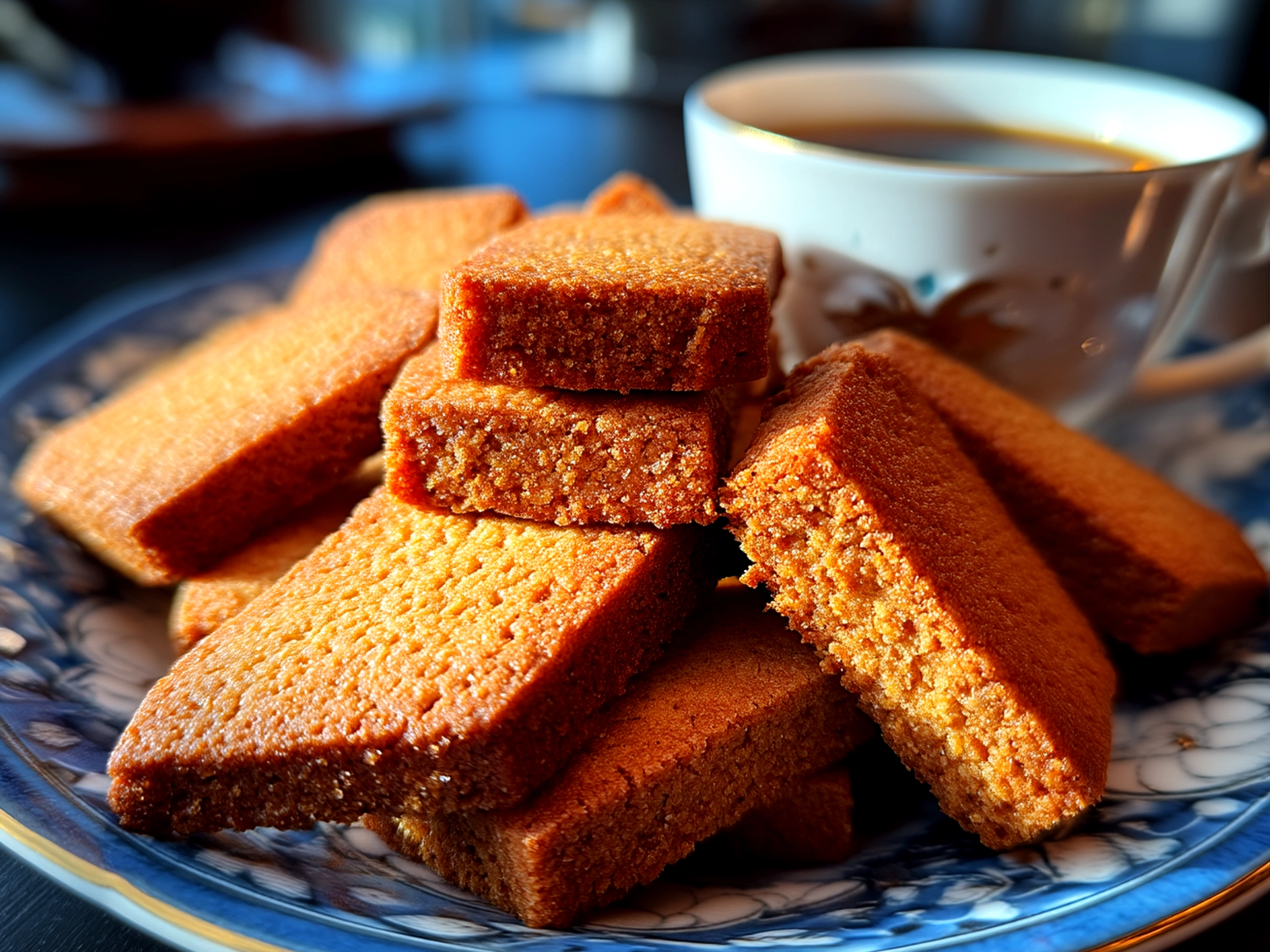 Slight angle close up of finished espresso shortbread cookies, showcasing their buttery texture and rich coffee color