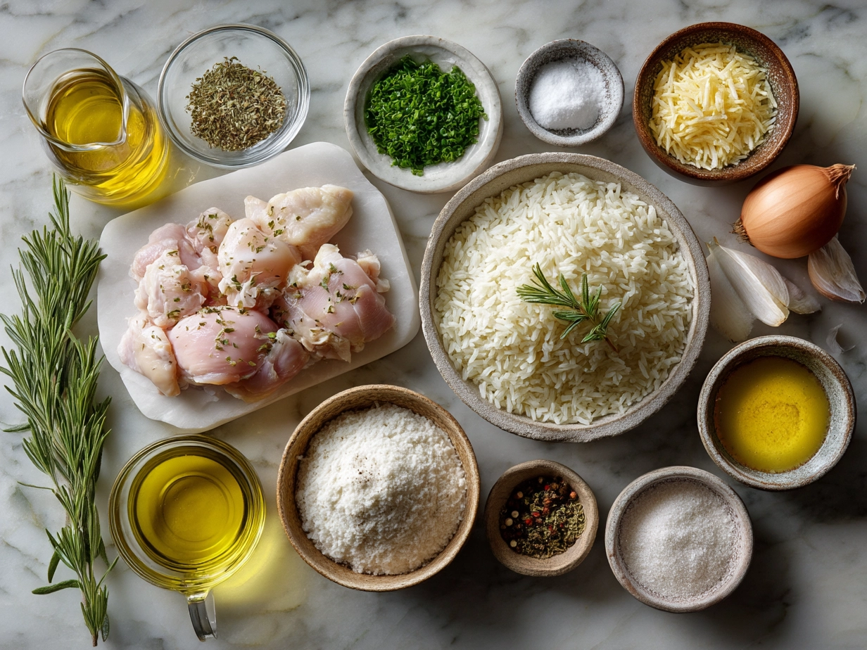 Ingredients for Smothered Chicken Rice including chicken thighs, spices, onion, rice, broth, milk, butter, flour, and parsley