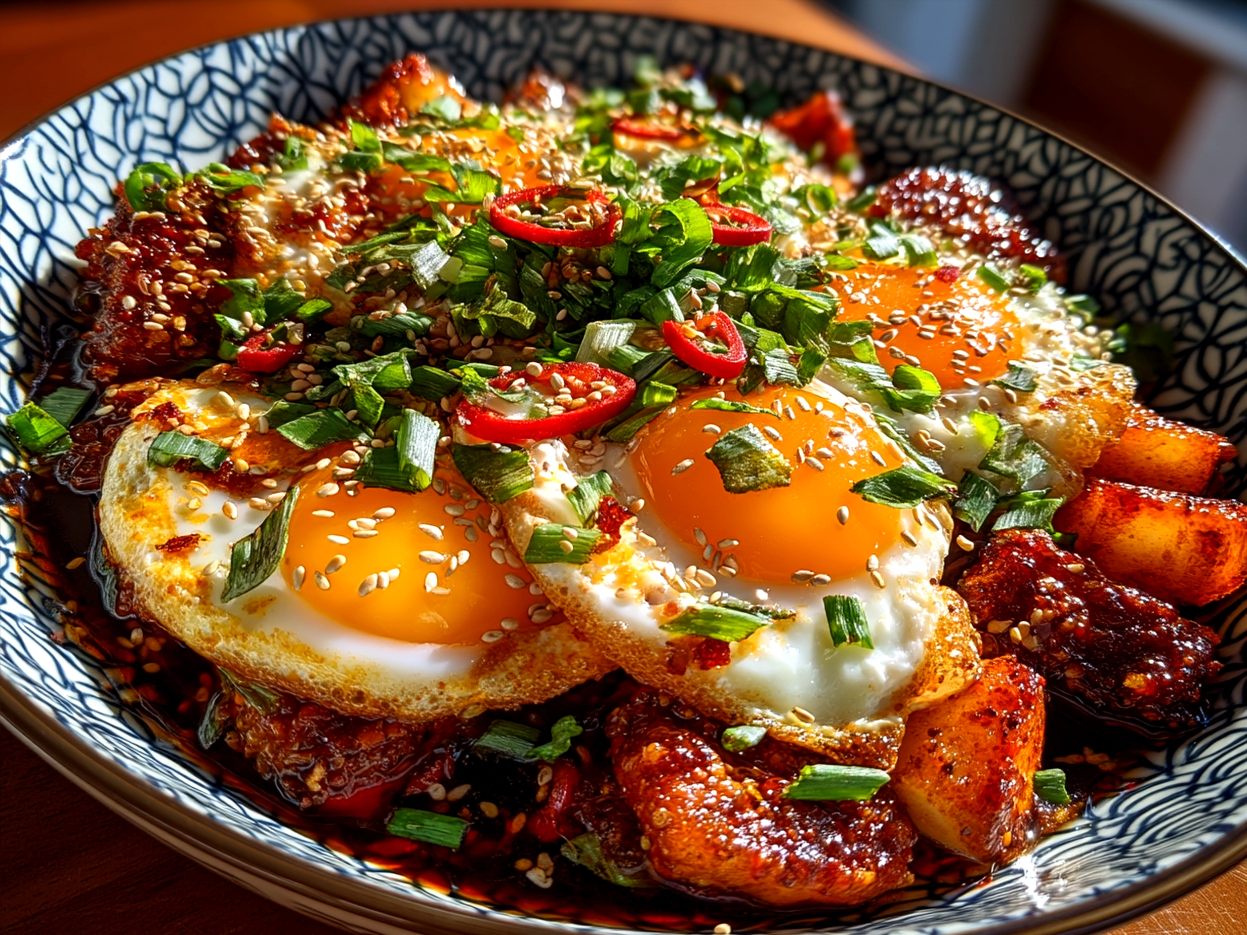 Plated Spicy Gochujang Eggs served over steamed rice with green onions and sesame seeds garnish