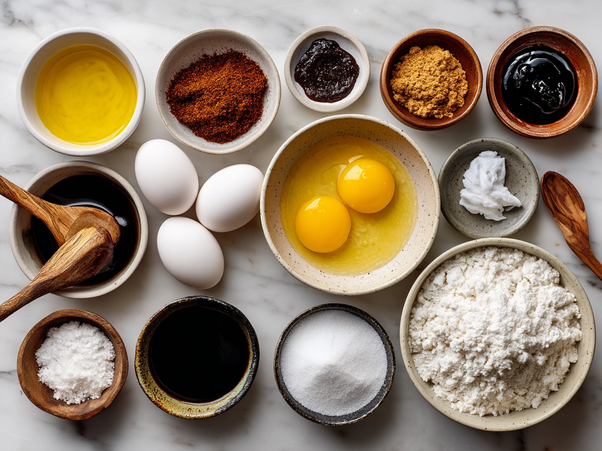 Ingredients for Spicy Gochujang Eggs with eggs, gochujang sauce, garlic, green onion, and sesame seeds laid out on a counter