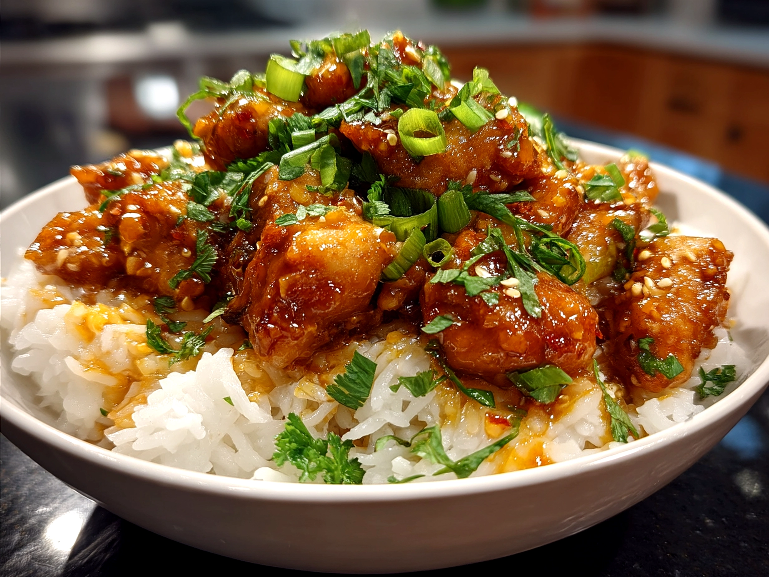 Served Sweet Chili Chicken Bowl with rice, broccoli, green onions, and sesame seeds