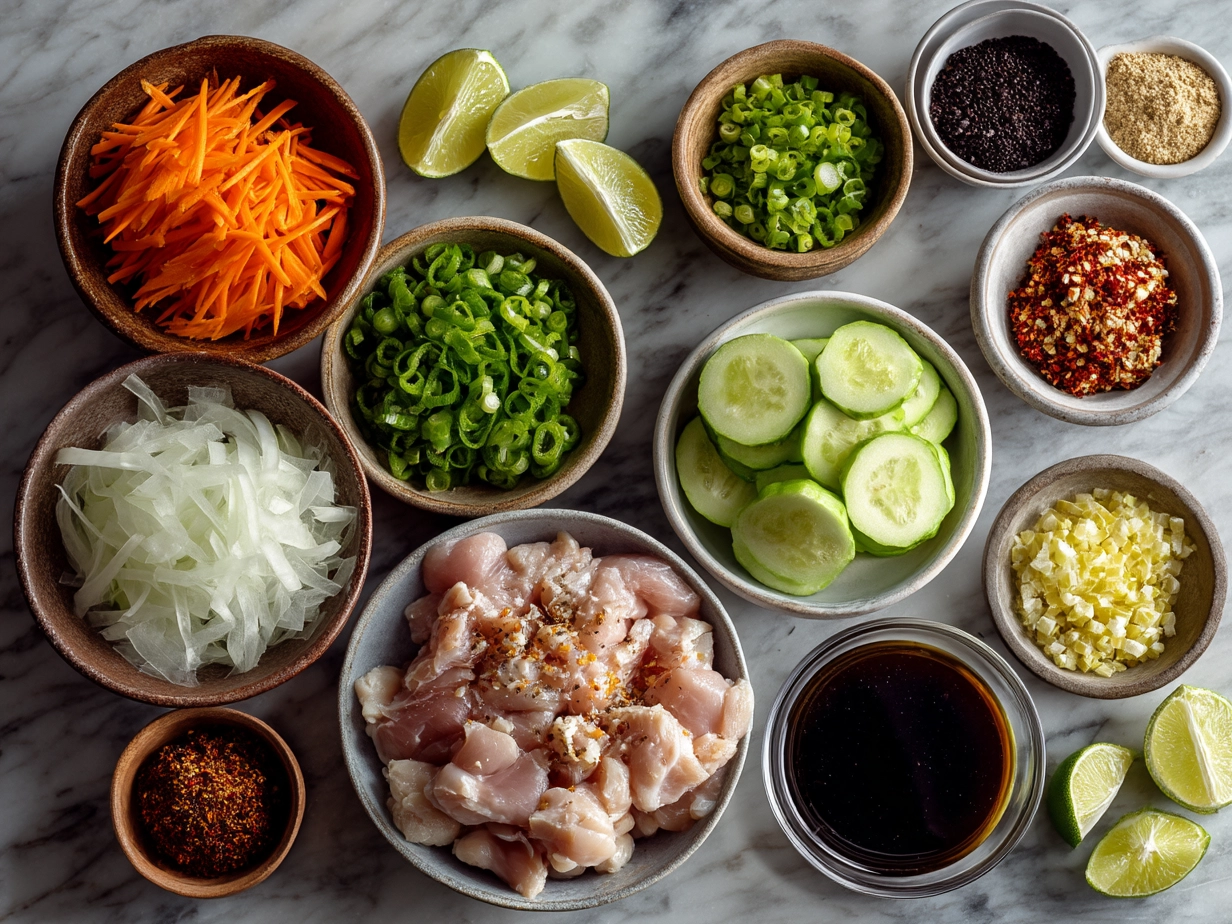 Ingredients for Sweet Chili Chicken Bowl laid out on a wooden surface