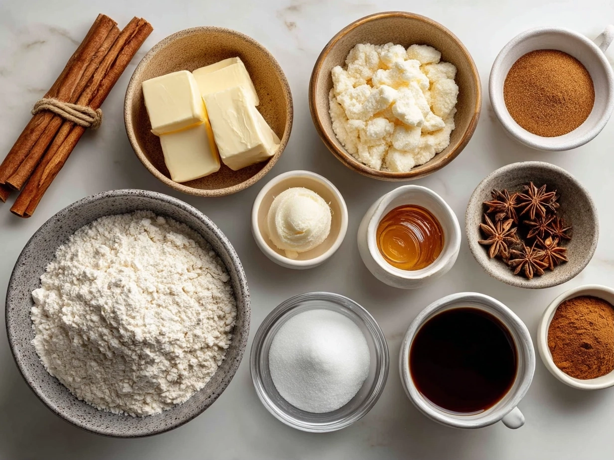 Top-down view of raw ingredients for Air Fryer Apple Pie Bombs on marble, showing organized mise en place in a modern kitchen