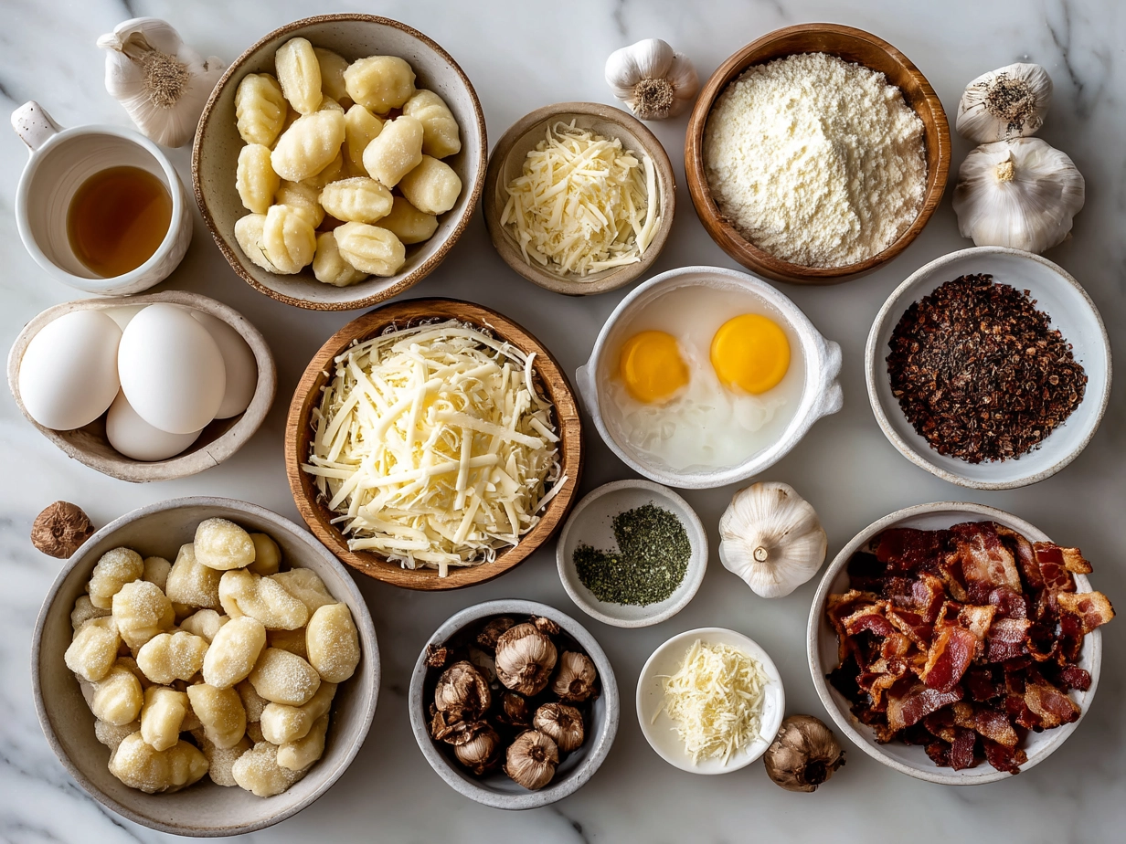 Top down view of raw ingredients for Bacon Cheddar Gnocchi Soup