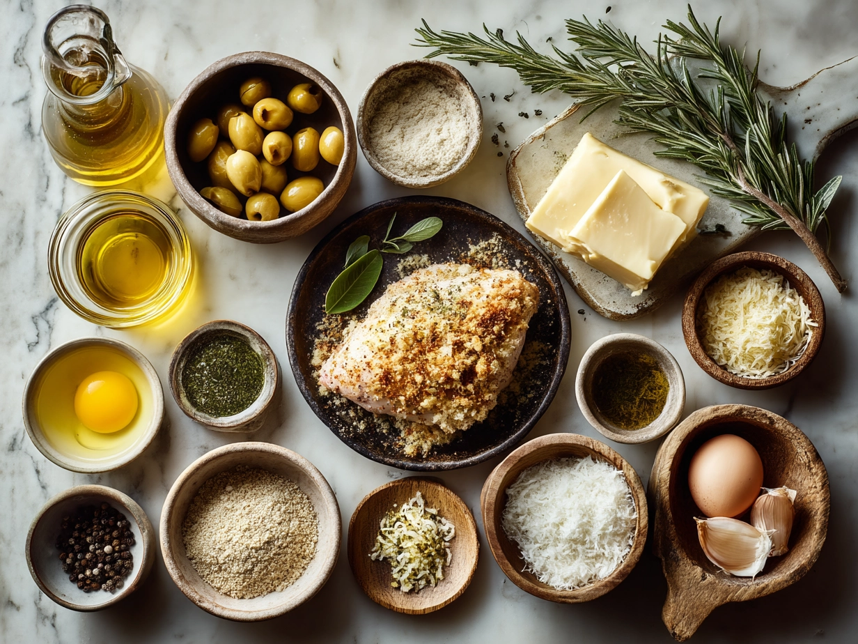 Ingredients for Baked Parmesan Crusted Chicken displayed top-down