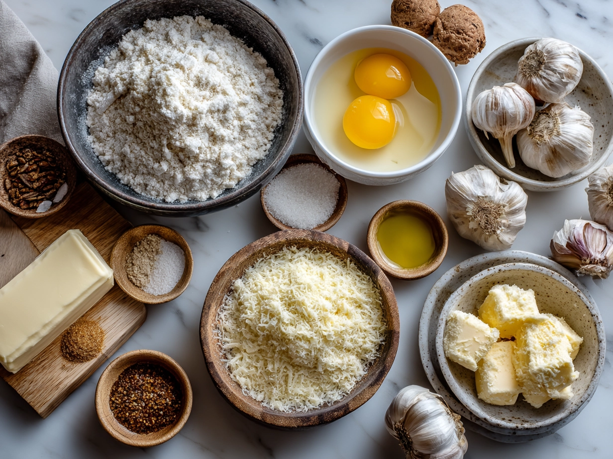Raw ingredients for baked smashed garlic parmesan potatoes arranged on marble countertop in a modern kitchen