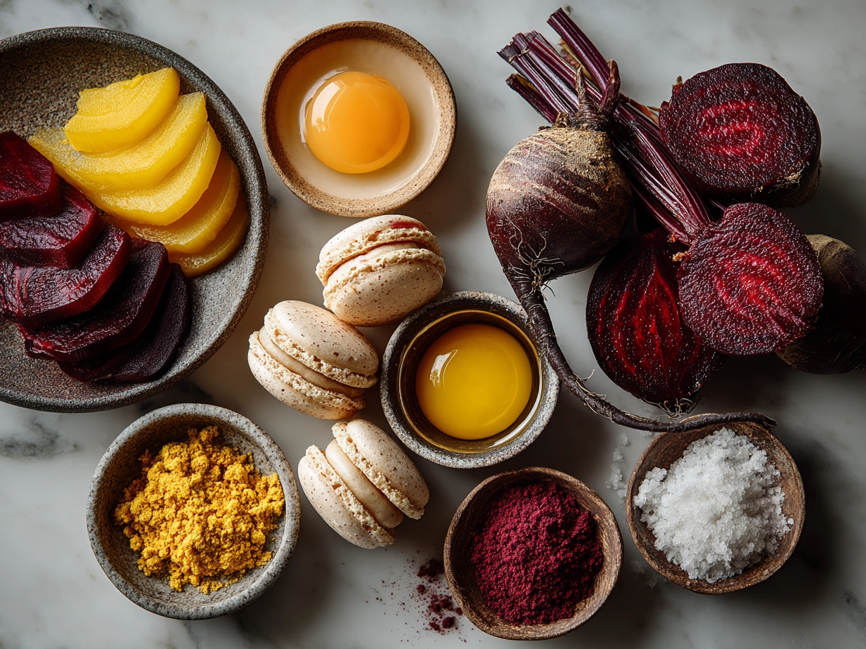 Ingredients for Beet Macarons arranged gracefully on marble surface