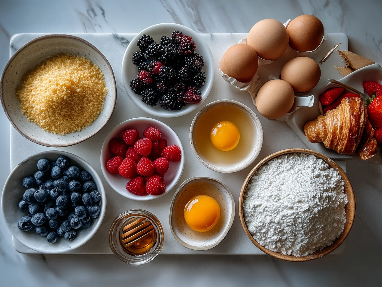 Raw ingredients for Berry Croissant Breakfast Bake laid out on marble