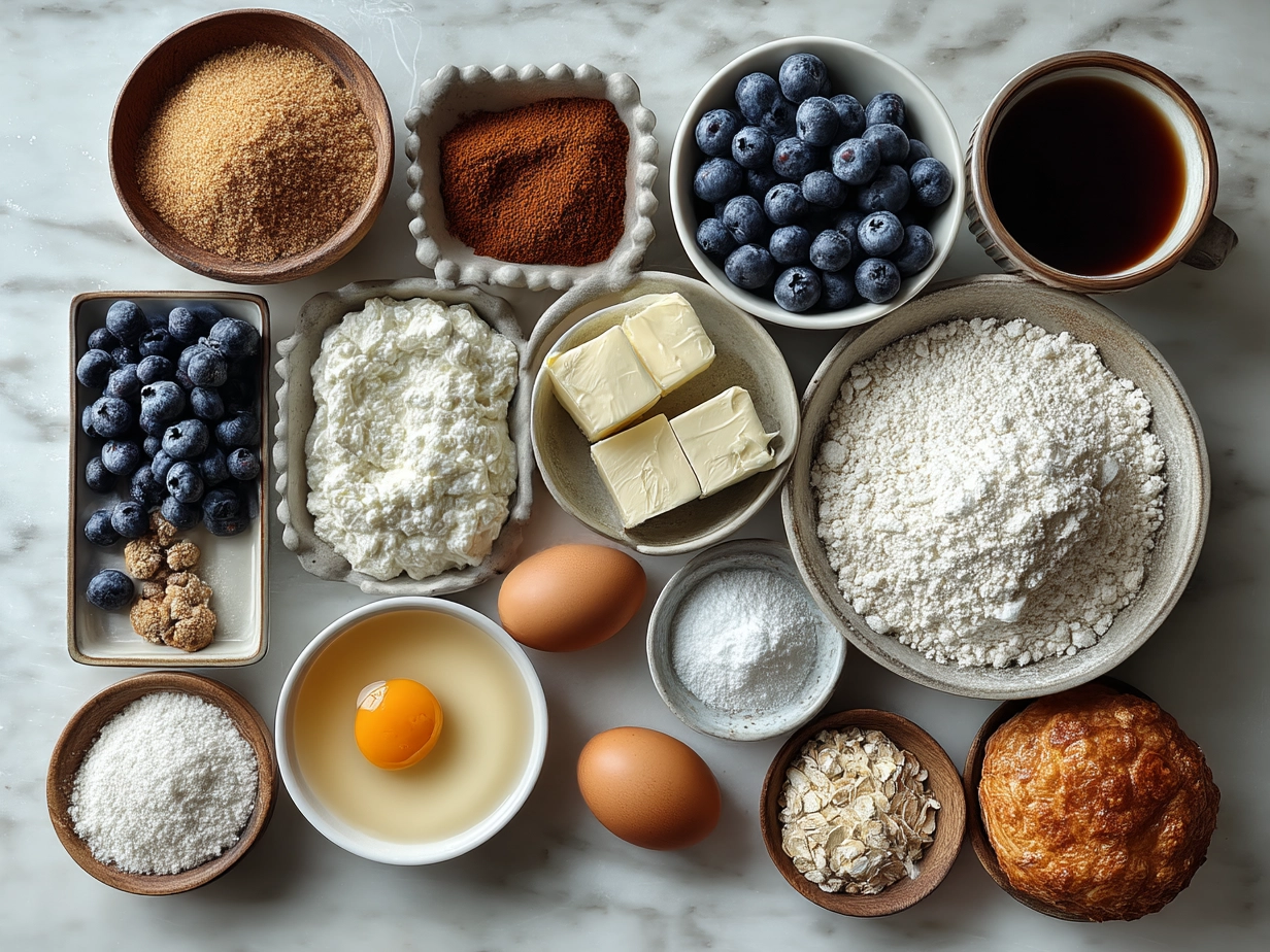 Ingredients for Blueberry Cream Cheese Croissant Casserole laid out on a marble surface