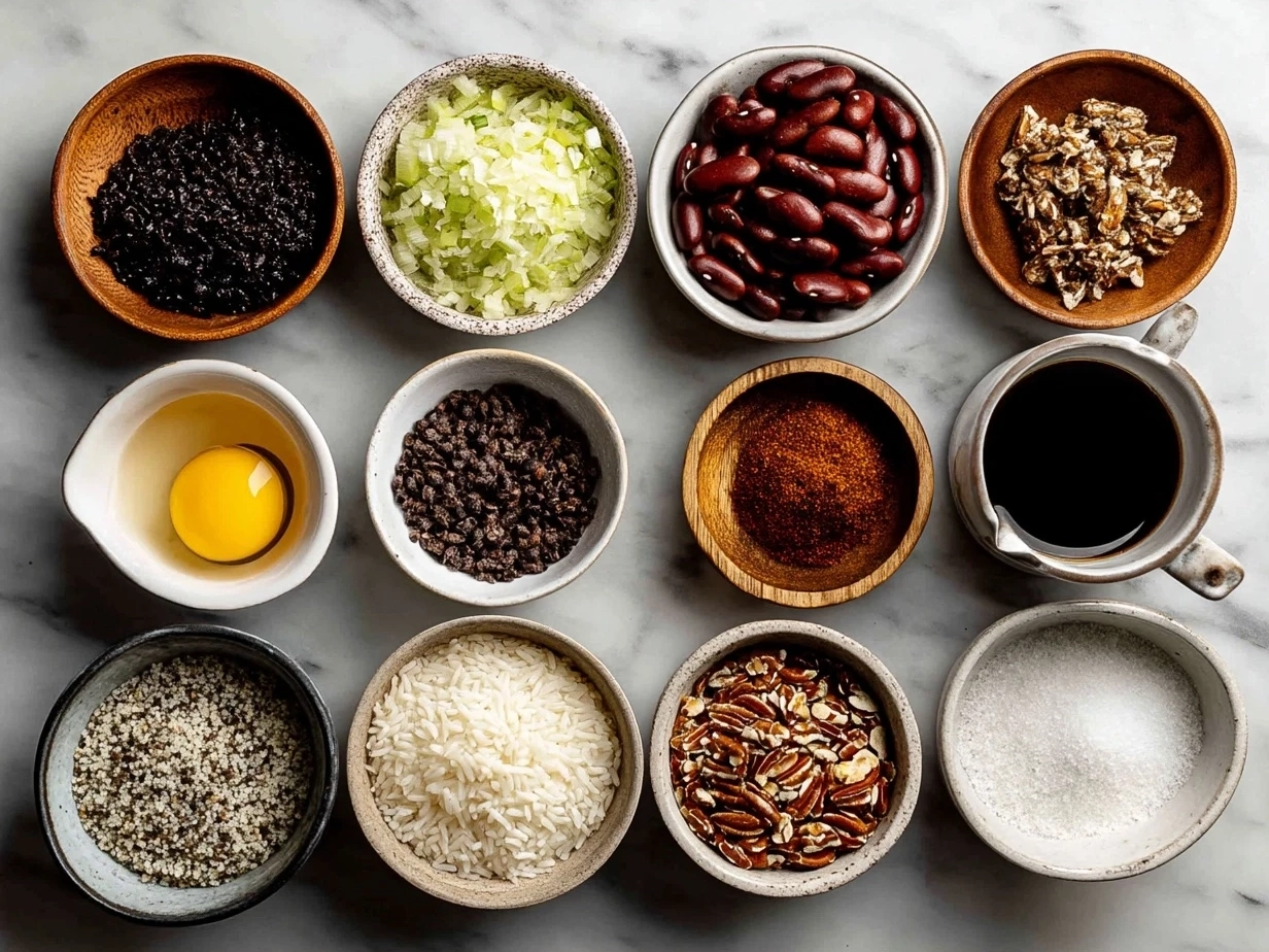 Raw ingredients for Cajun Red Beans Rice arranged on white marble