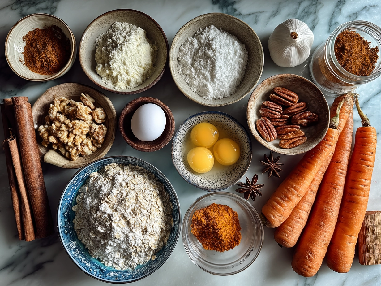Top down view of raw ingredients for Carrot Cake Baked Oatmeal on marble surface