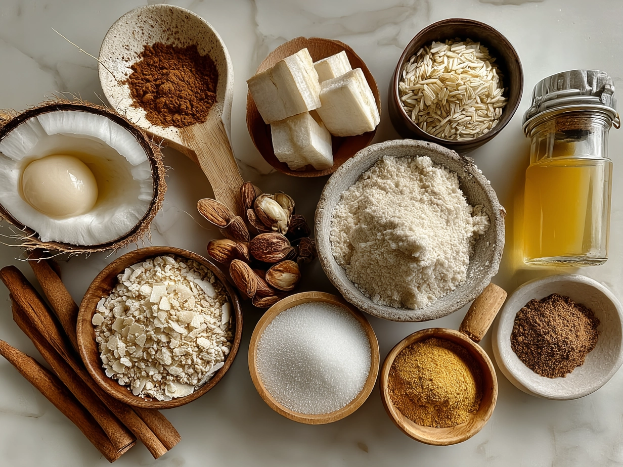 Raw ingredients for Coquito Puerto Rican Coconut on marble surface