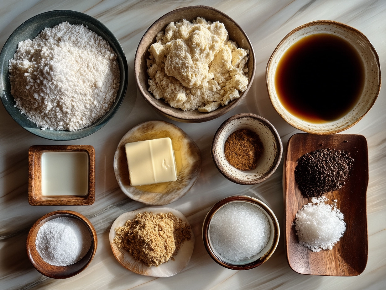 Top down view of raw ingredients for espresso shortbread cookies: butter, powdered sugar, espresso powder, flour, salt, and vanilla extract