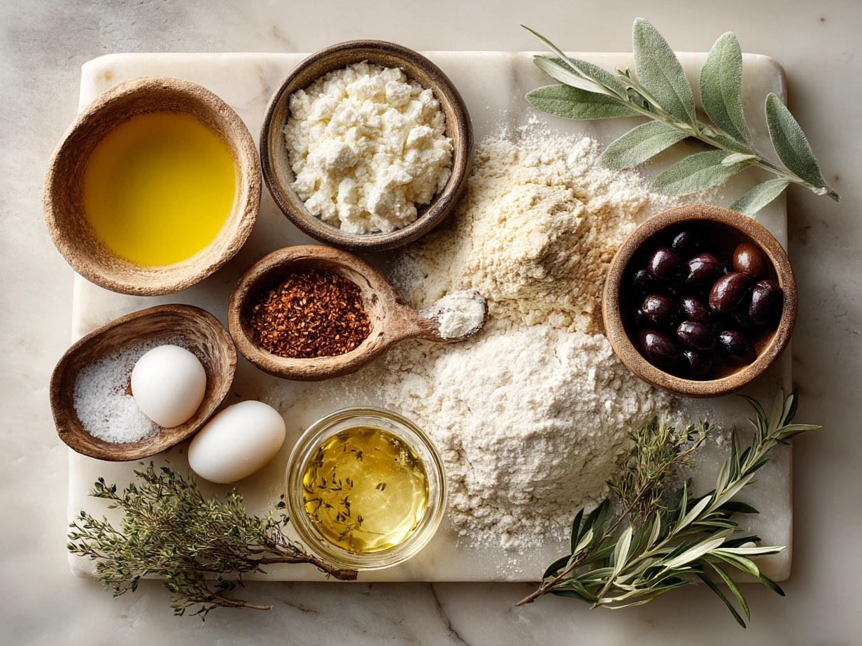 Top down view of raw ingredients for Focaccia Decorative Loaf on marble surface