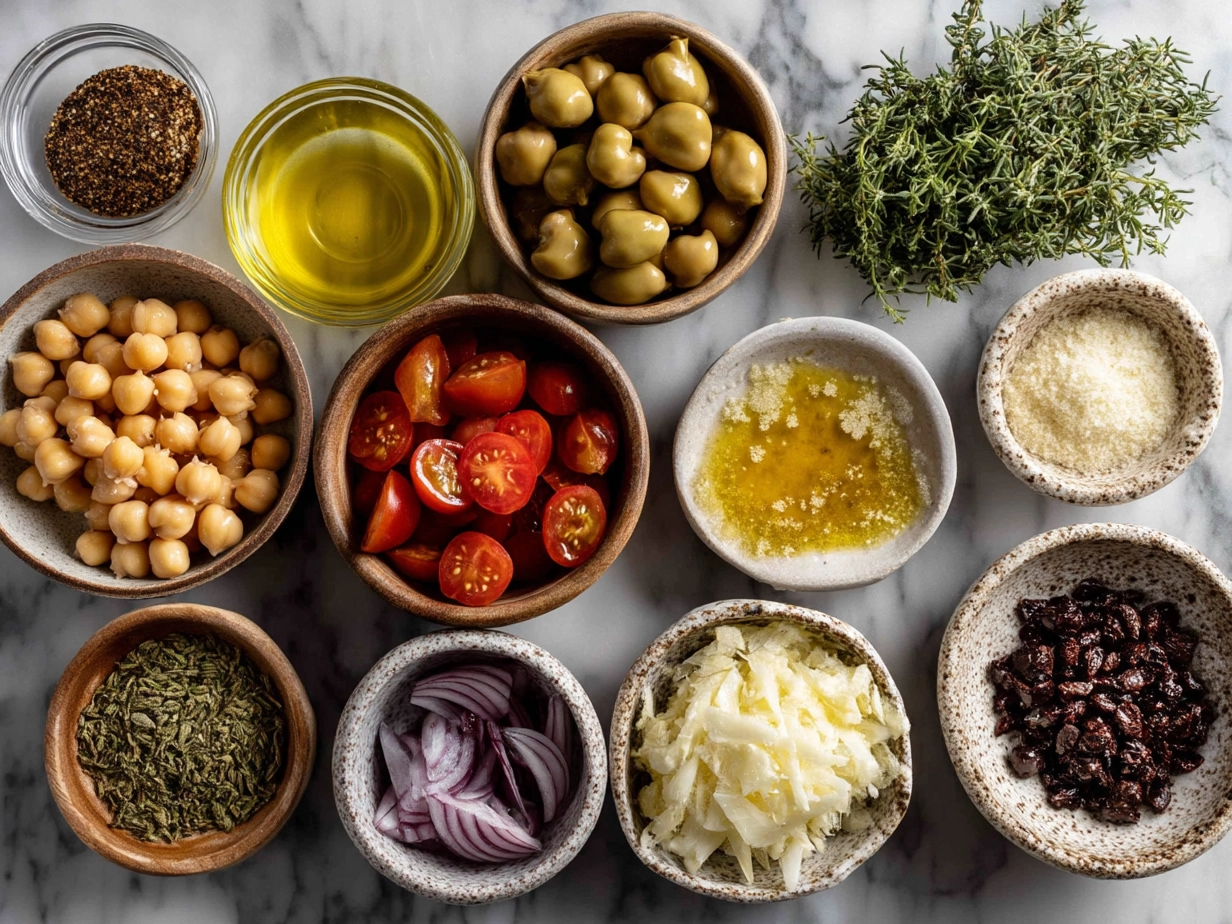 Top-down view of raw ingredients for Greek Chickpea Soup on white marble surface