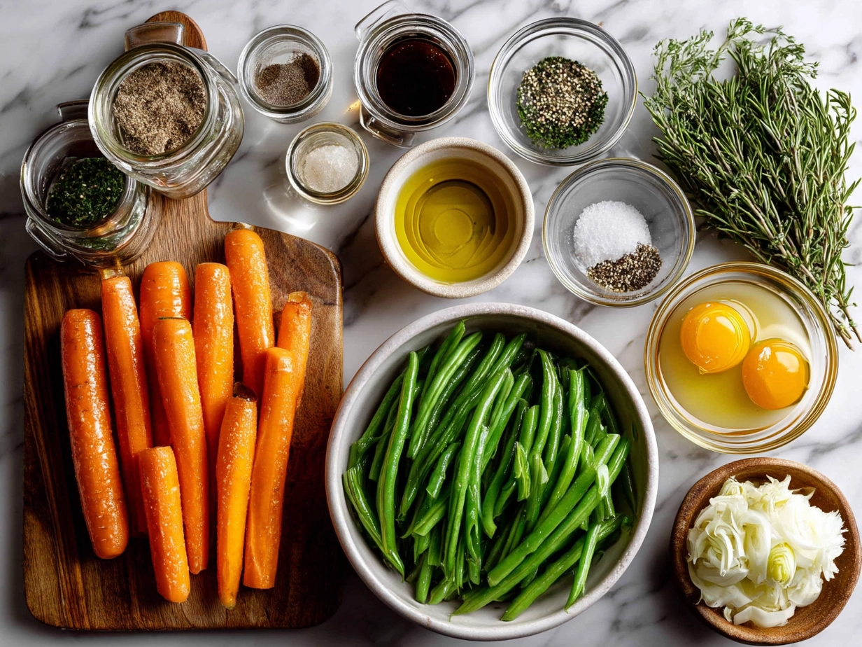 Raw ingredients for honey glazed carrots and green beans arranged on a top-down surface