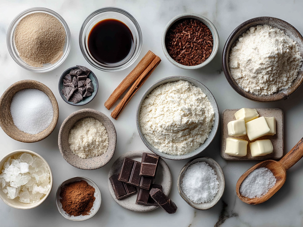 Ingredients arranged for Hot Chocolate Cookies Treats on a marble surface