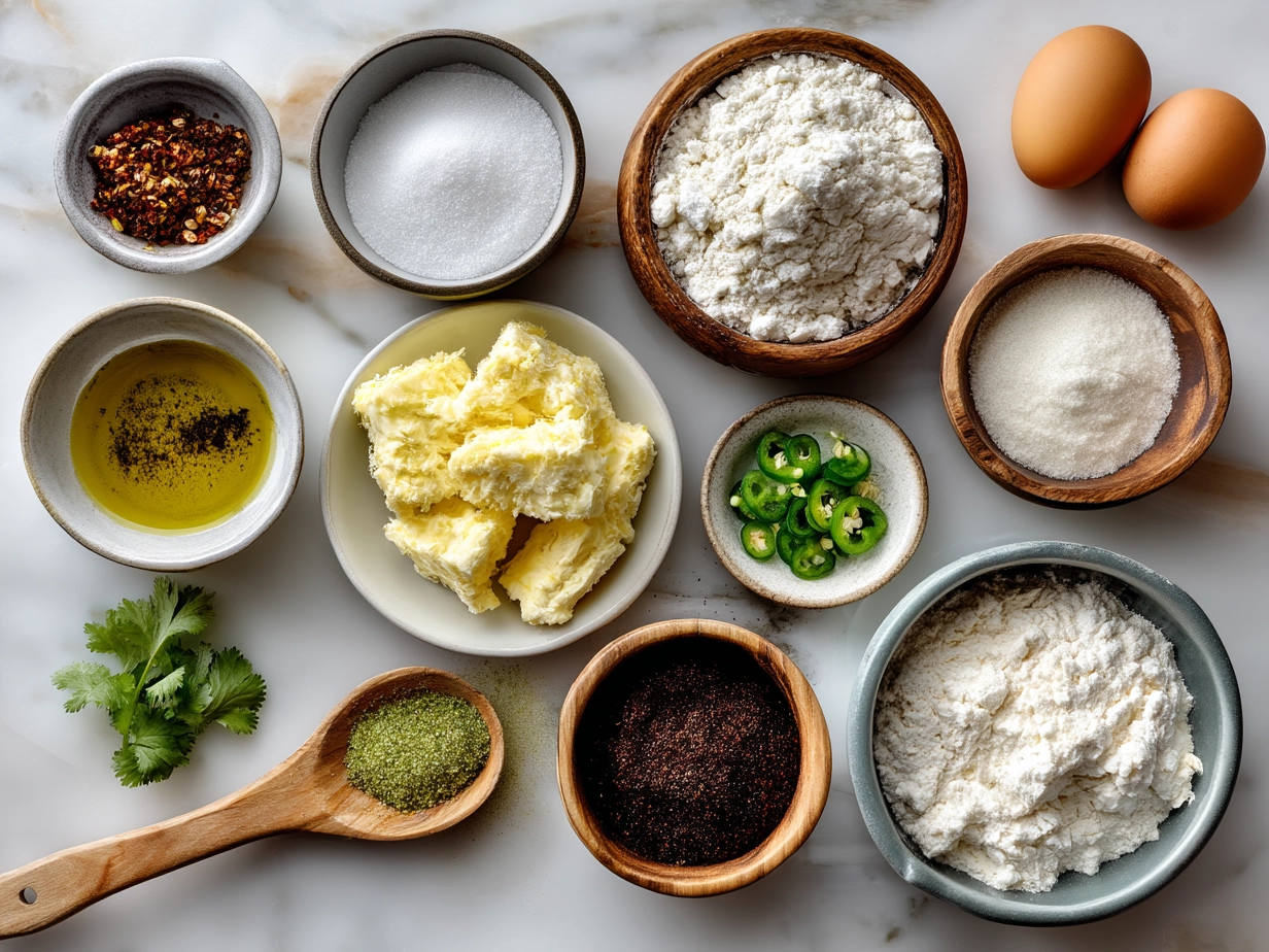 Top down view of raw ingredients for jalapeno corn nuggets on white marble