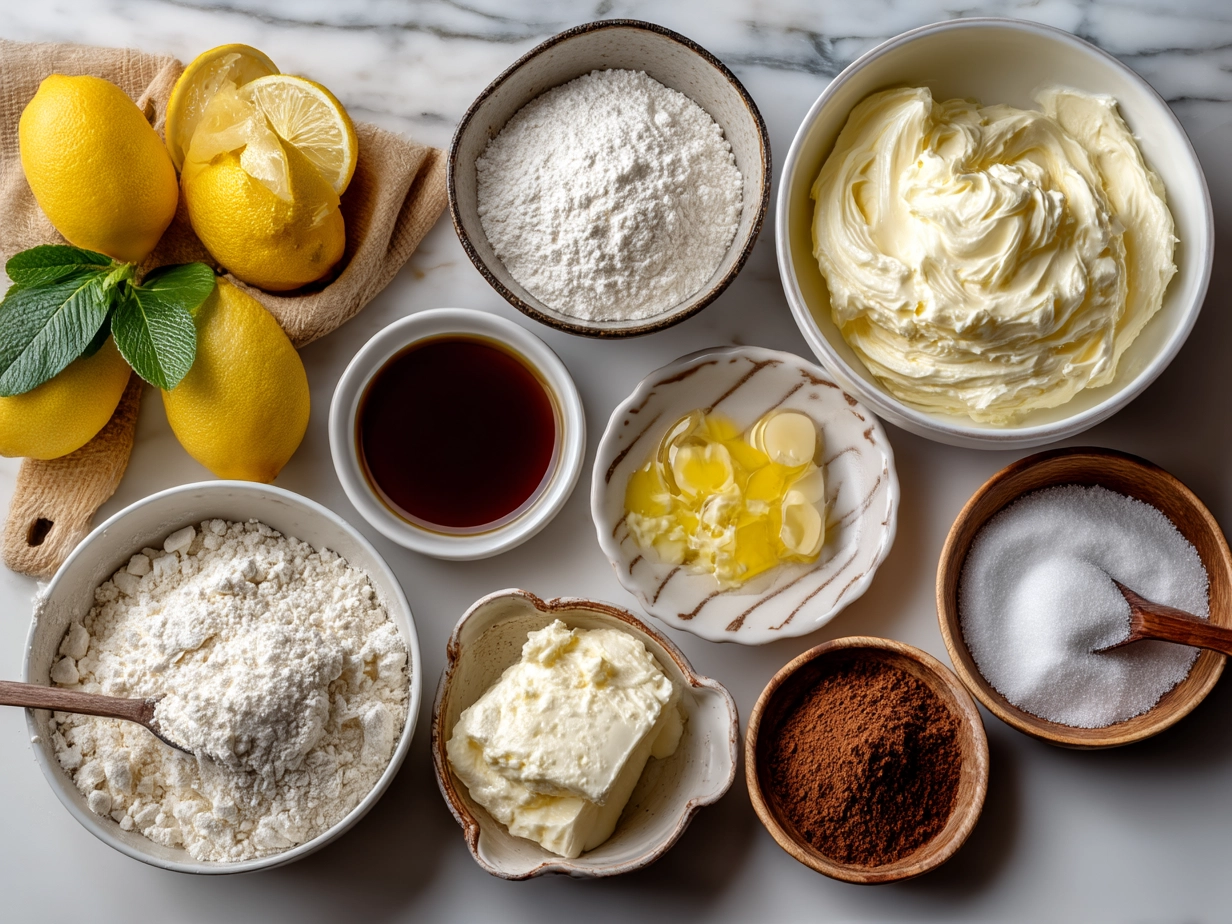 Top-down view of raw ingredients for Limoncello Tiramisu laid out on a table