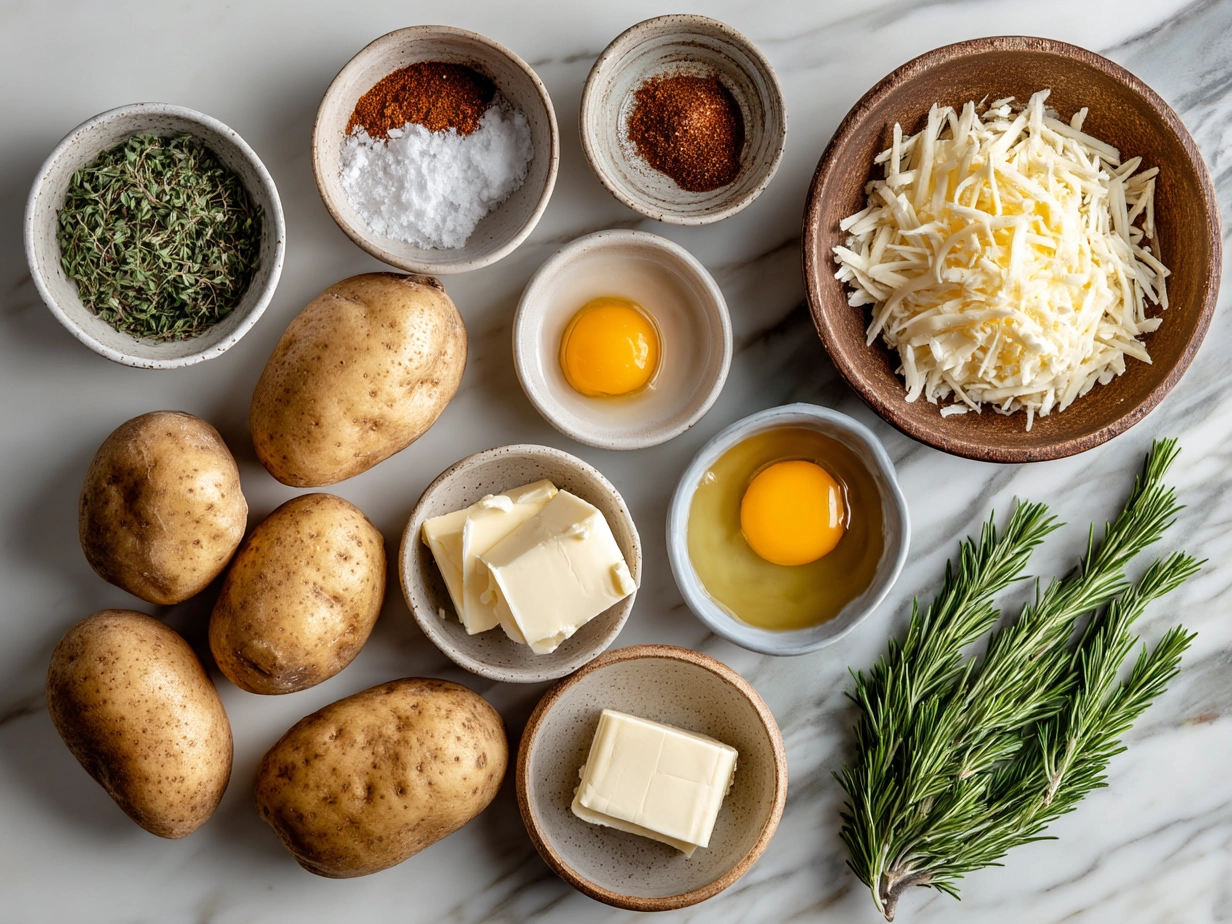 Top-down view of raw ingredients for Loaded Potato Soup on a marble countertop.