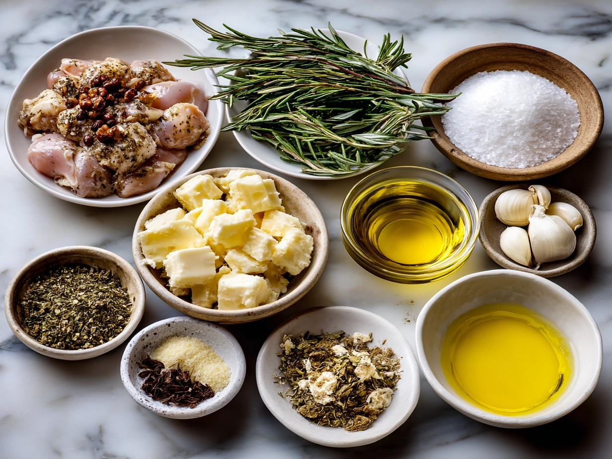 Raw ingredients arranged for Marry Me Tuscan Chicken including chicken breasts, sun-dried tomatoes, garlic, spinach, Parmesan cheese, and spices