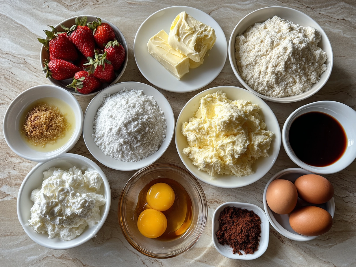 Top-down view of raw ingredients for No-Bake Greek Yogurt Jello Cheesecake arranged on marble surface