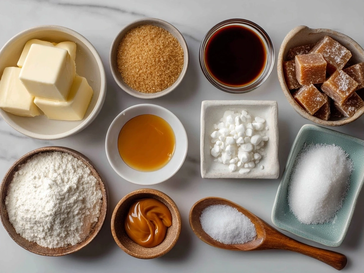 Top down raw ingredients for salted caramel cookies on marble, modern kitchen organized mise en place.