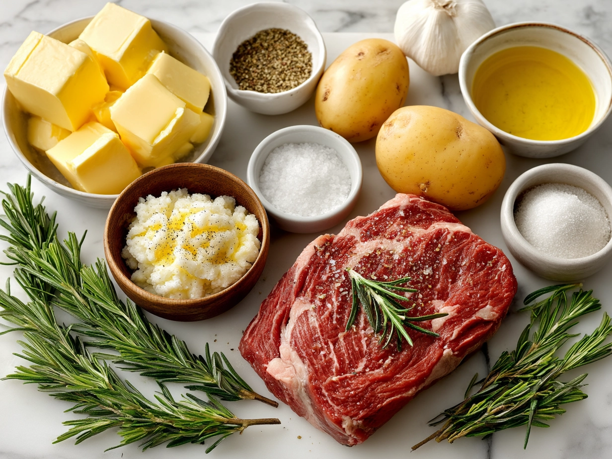 Ingredients for Slow Cooker Garlic Butter Beef laid out on marble surface