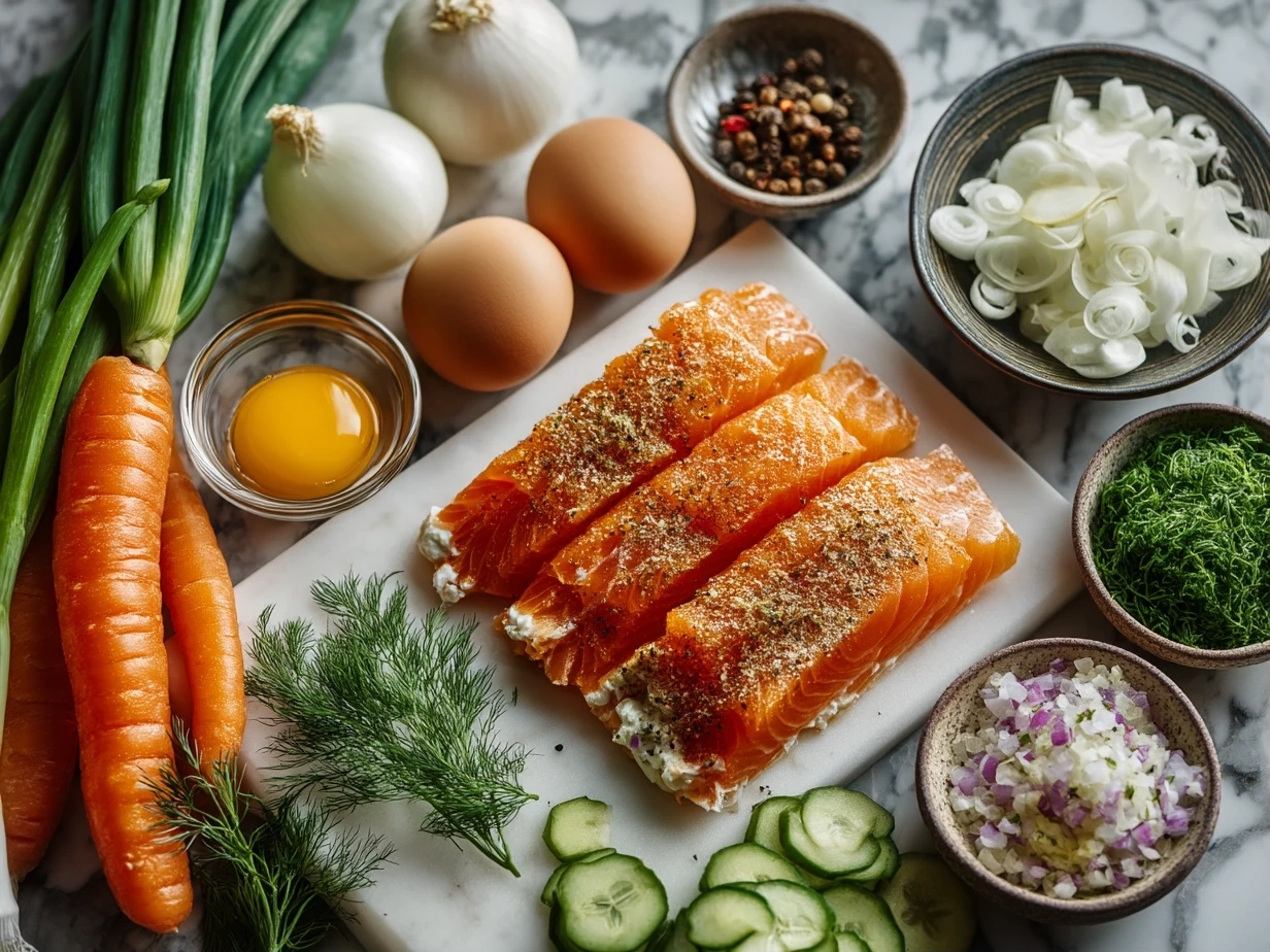 Top down view of raw ingredients for Smoked Salmon Bagel Dip including cream cheese, smoked salmon, sour cream, red onion, capers, lemon and fresh dill