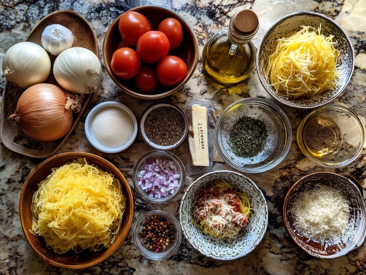 Raw ingredients laid out for Spaghetti Squash Alfredo Boats including spaghetti squash, garlic, Parmesan cheese, and cream