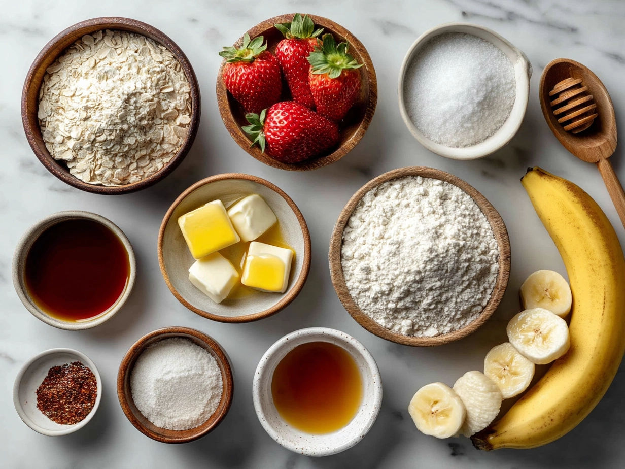 Top-down view of raw ingredients for strawberry banana muffins on marble counter, with organized kitchen mise en place
