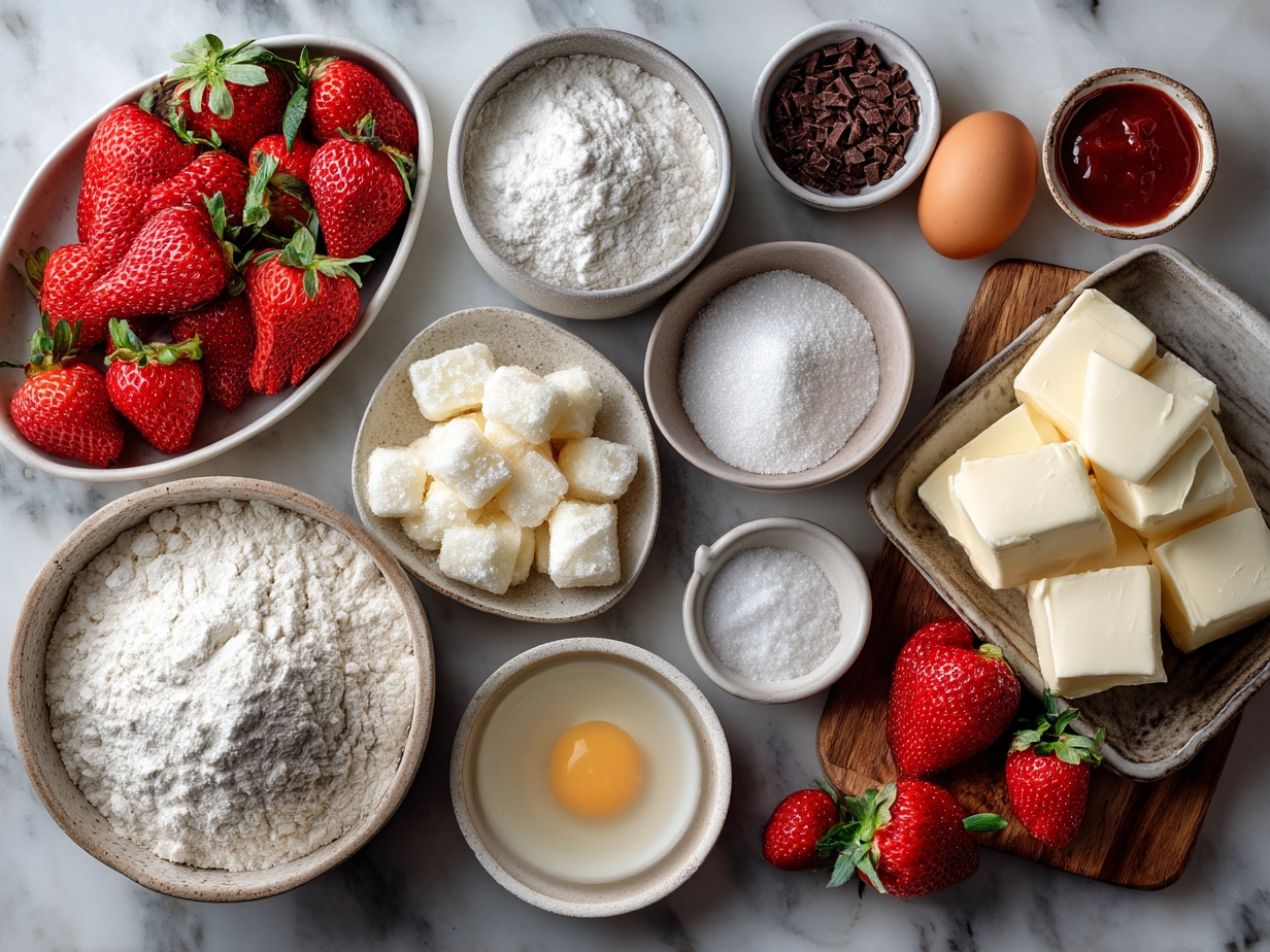 Raw ingredients for Strawberry Cake Mix Cookies laid out on marble surface