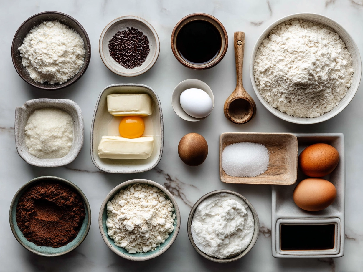 Top-down view of raw ingredients for sugar cookies on a marble surface with modern kitchen mise en place
