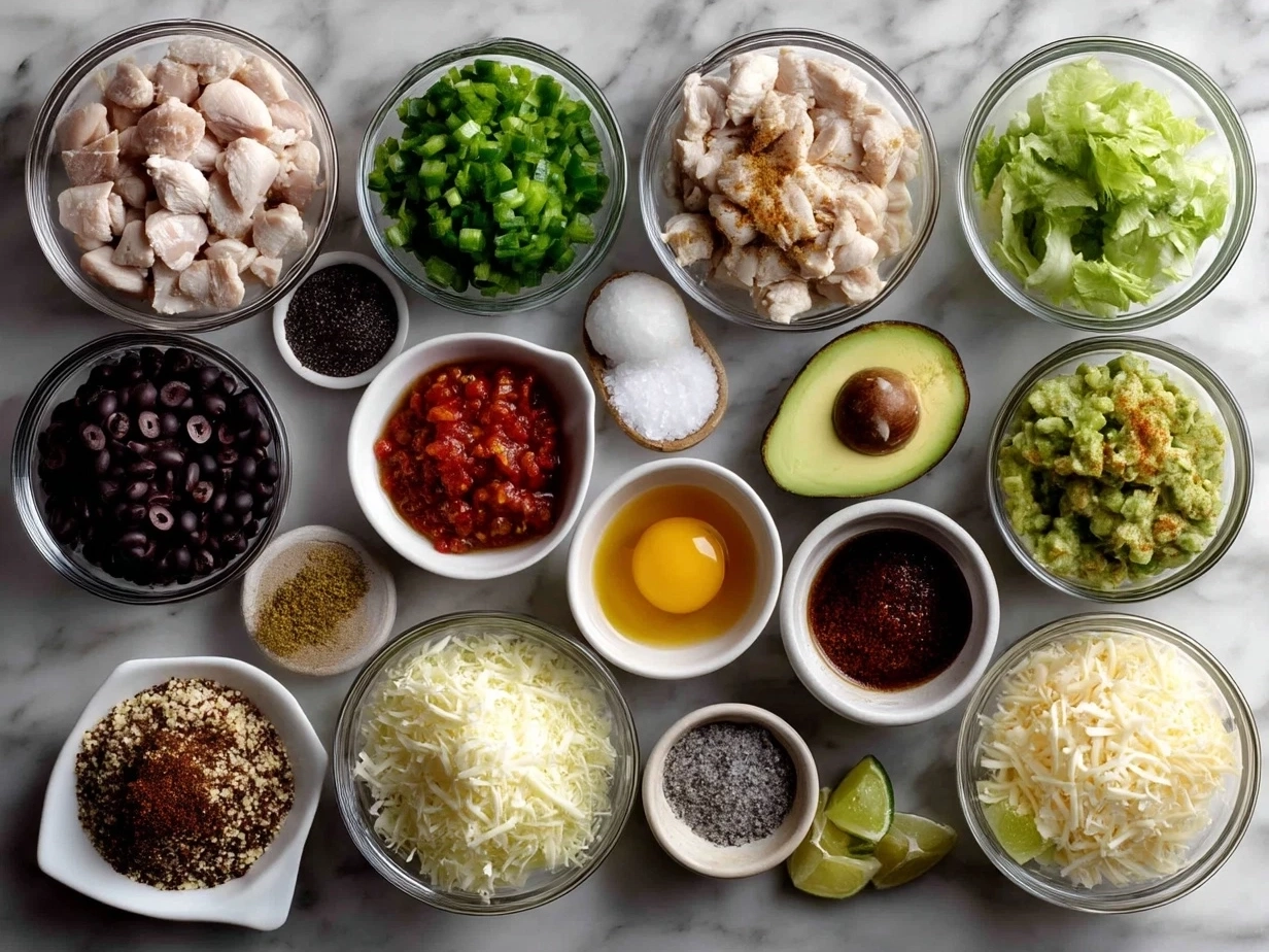 Top down shot of raw ingredients for Chicken Enchilada Bowls