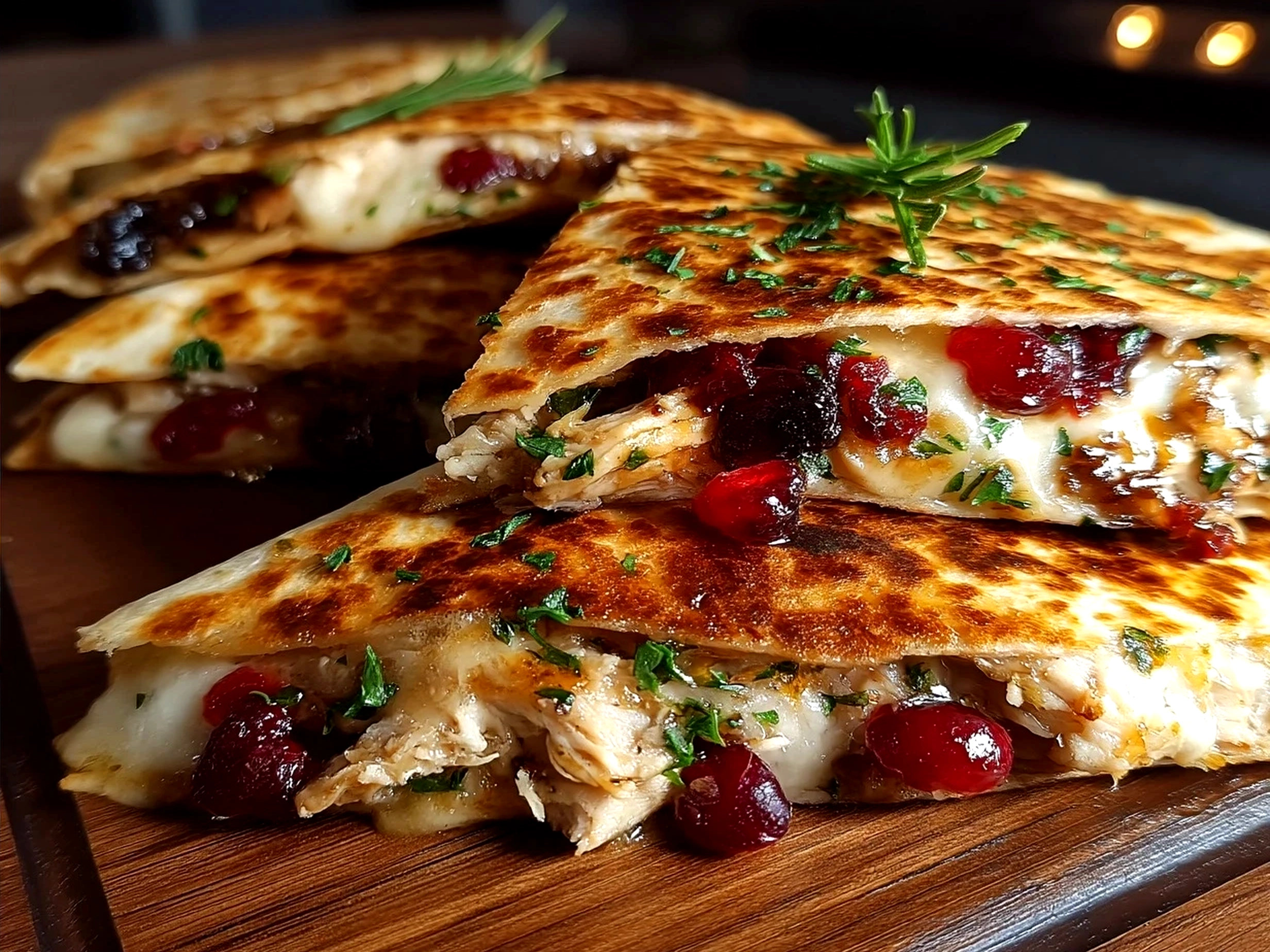 Served golden and crispy Turkey Cranberry Quesadillas cut into triangles on a warm platter