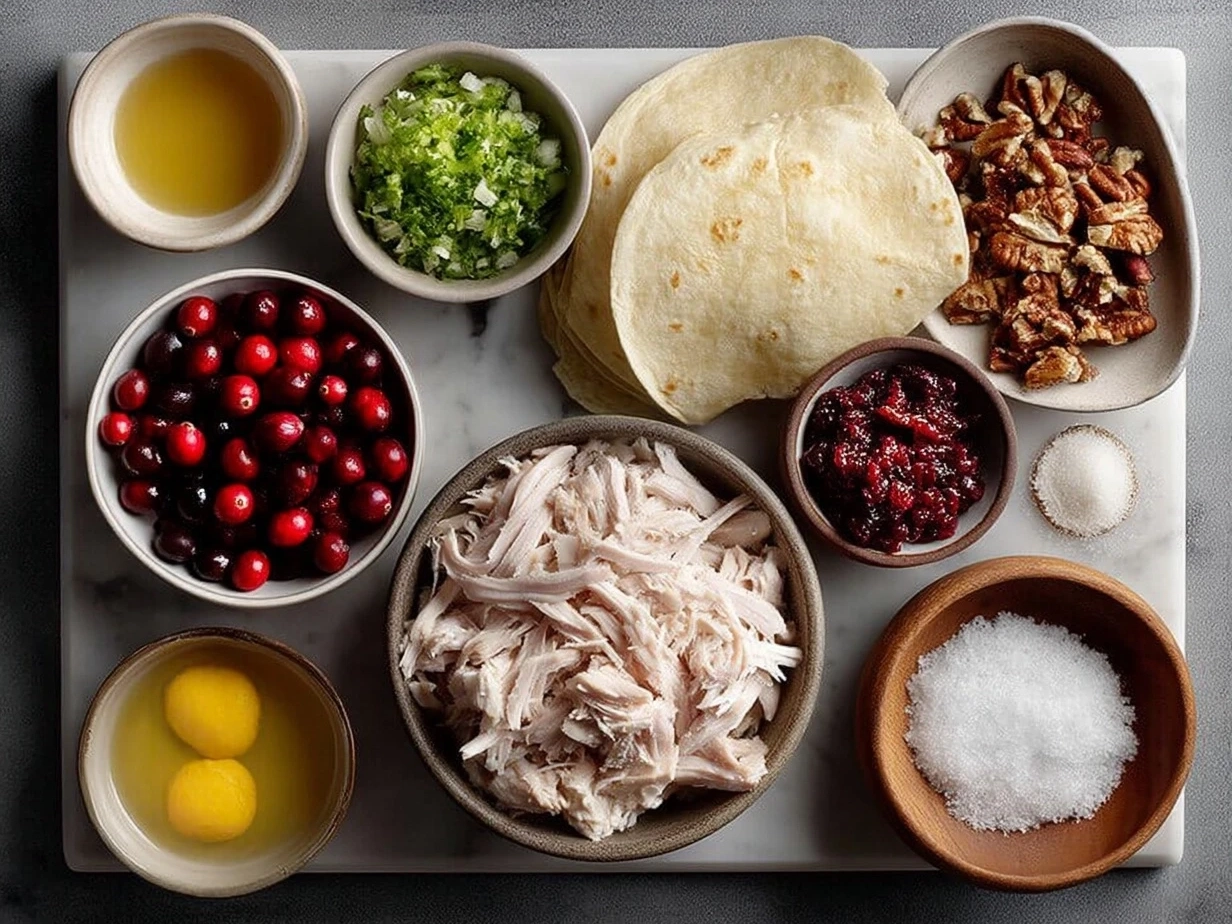 Ingredients for Turkey Cranberry Quesadillas include flour tortillas, shredded turkey, cranberry sauce, sharp cheddar cheese, cream cheese, green onion, and butter