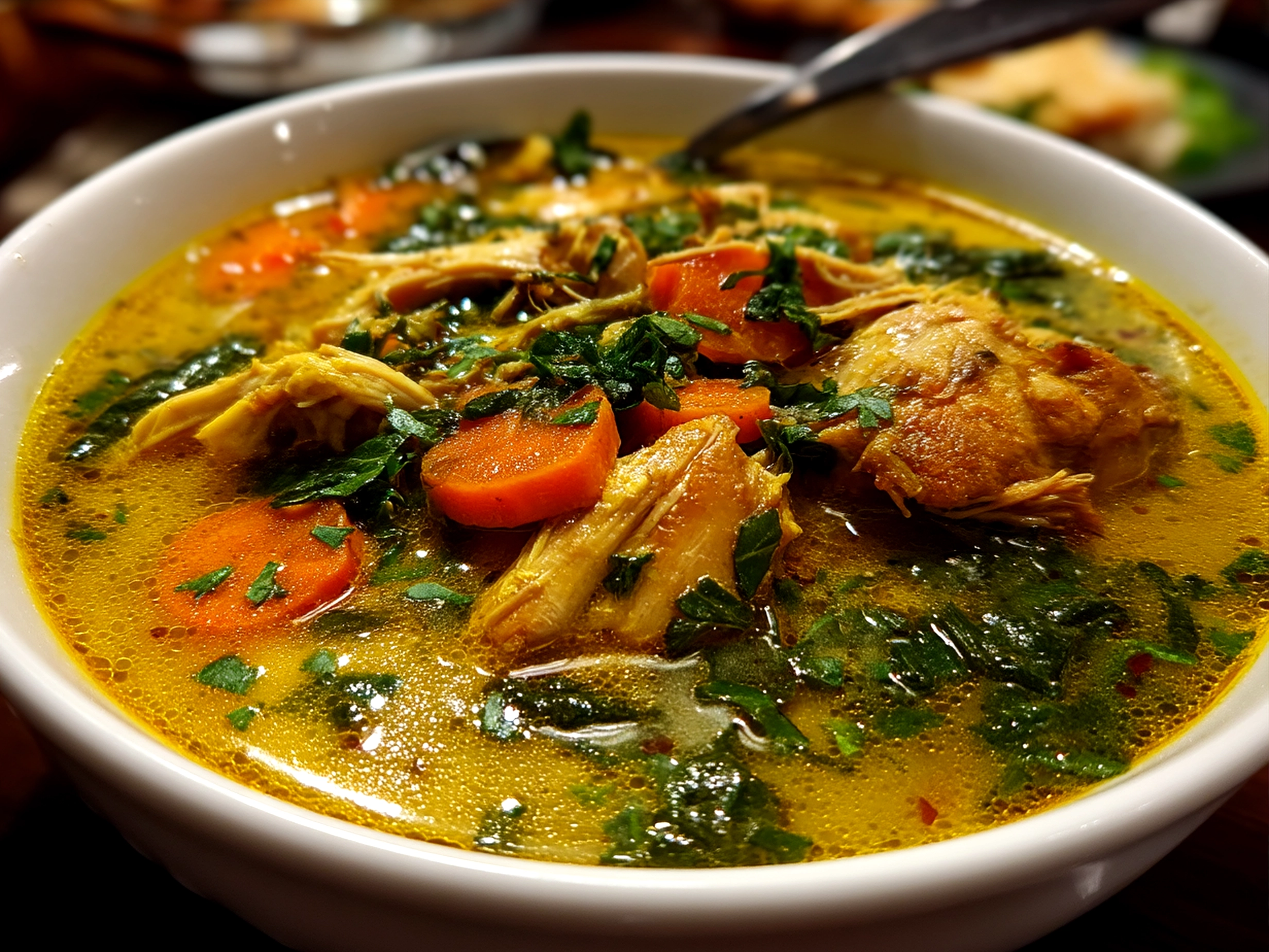 Serving of Turmeric Chicken Soup garnished with fresh cilantro