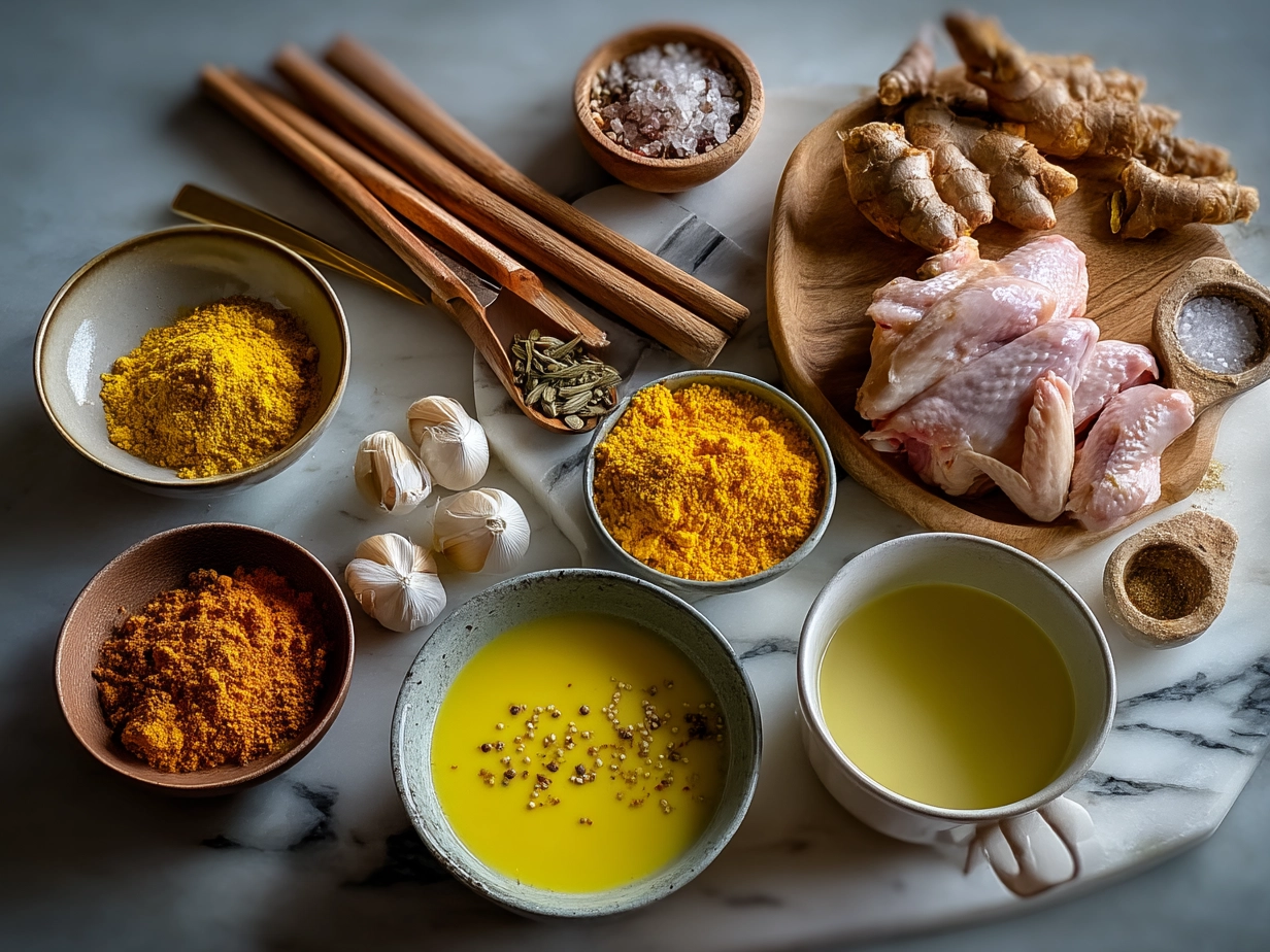 Ingredients for Turmeric Chicken Soup: olive oil, onion, garlic, ginger, turmeric, cumin, pepper, chicken broth, carrots, celery, chicken thighs, brown rice, cilantro