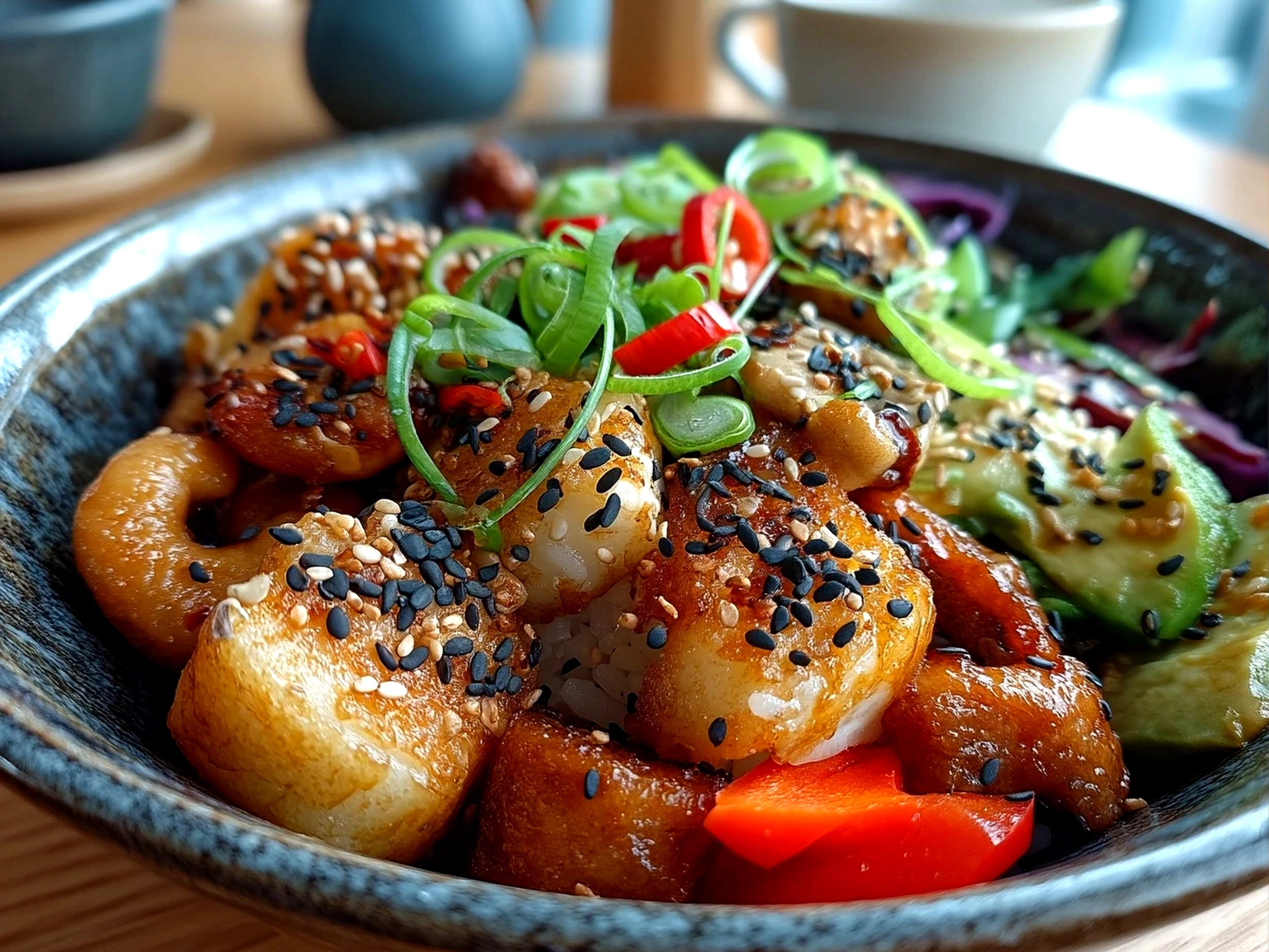 A vibrant Vegetarian Crunchy Roll Bowl beautifully presented with colorful fresh vegetables and crispy tempura bits