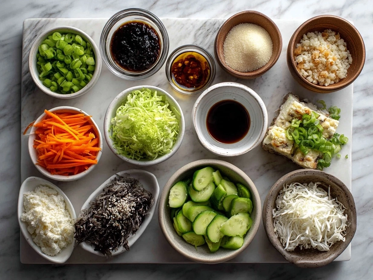 Ingredients for Vegetarian Crunchy Roll Bowls including sushi rice, shredded carrots, cucumber, avocado, edamame, tempura bits, nori strips, soy sauce, rice vinegar, and sesame oil